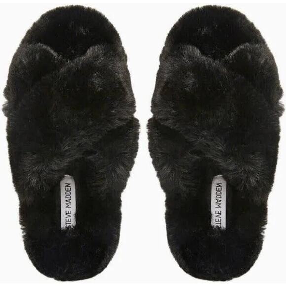 Steve Madden Criss Cross Black Faux Fur Slippers Womens Size Small 5-6 NEW - Picture 1 of 5